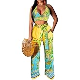 Elegant Two Piece Sets for Women Sexy Printing Halter Bandage Top Long Straight Pants Vacation Outfits Beach