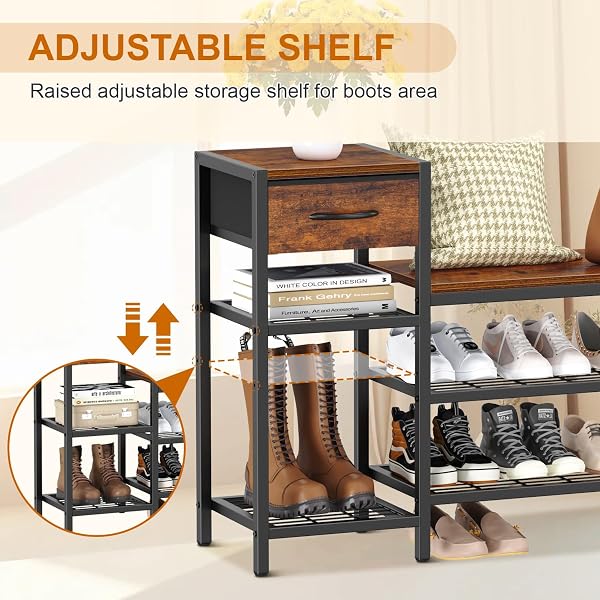 SNUGHOME 39.4″ SHOE STORAGE BENCH WITH DRAWER, 3 TIER ENTRYWAY BENCH WITH SHOE STORAGE, ADJUSTABLE SHELF SHOE RACK WITH SEATING FOR ENTRYWAY, FRONT DOOR, LIVING ROOM