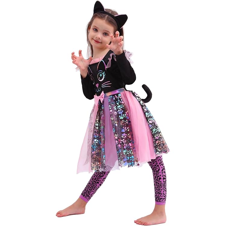 Déguisement De Chat Pour Fille - Robe Velours Avec Queue Et Bandeau, Parfait Pour Halloween Et Fêtes - 2