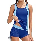 HOTOME Girls Swimsuit Two Piece Color Block Adjustable Strap Tankini Sets with Drawstring Shorts Bathing Suit for Girls 9-16Y