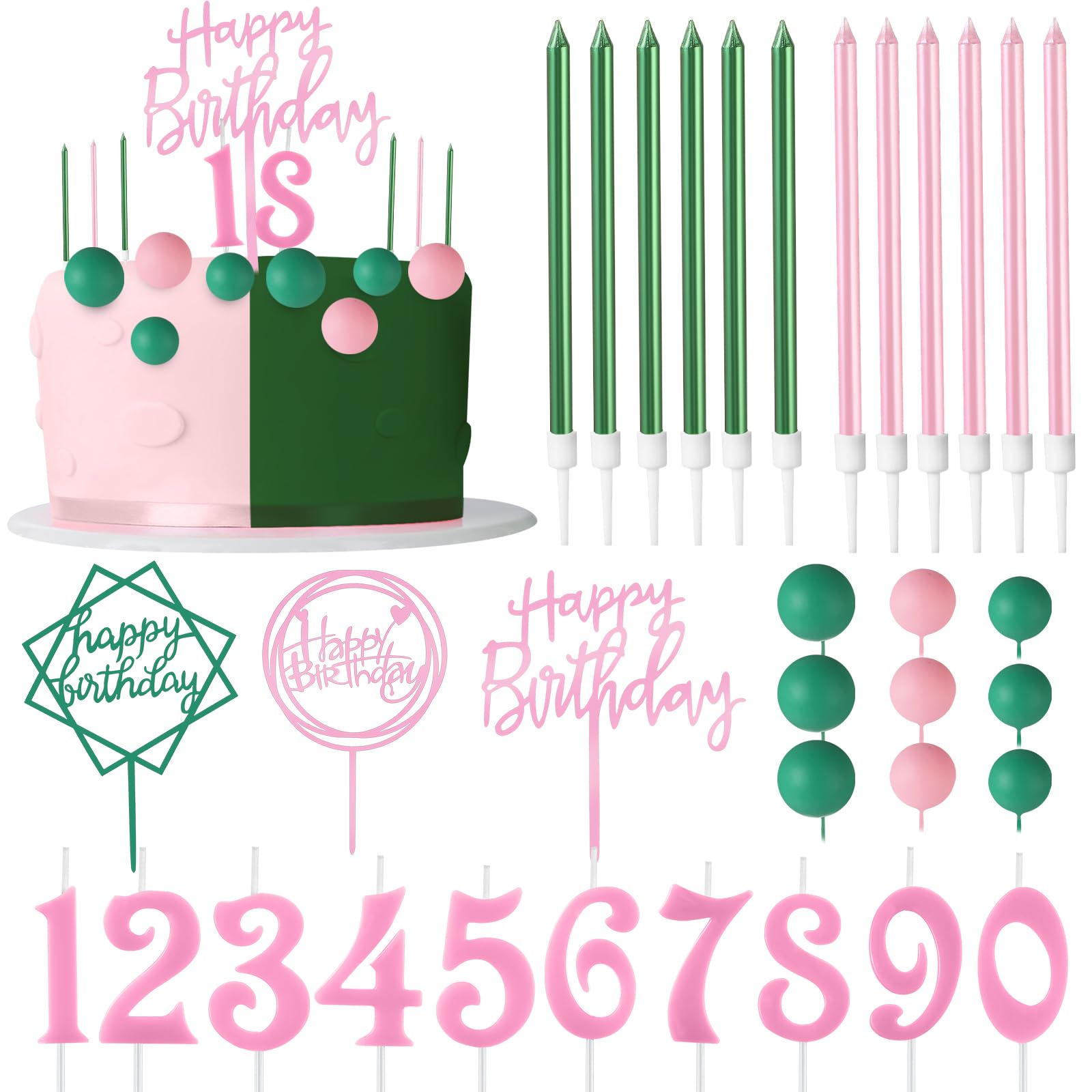 Photo 1 of Yerliker 34 Pcs Happy Birthday Cake Toppers Decorations Birthday Candles DIY Cake Decor for Men Women Wedding Anniversary(Pink Green)