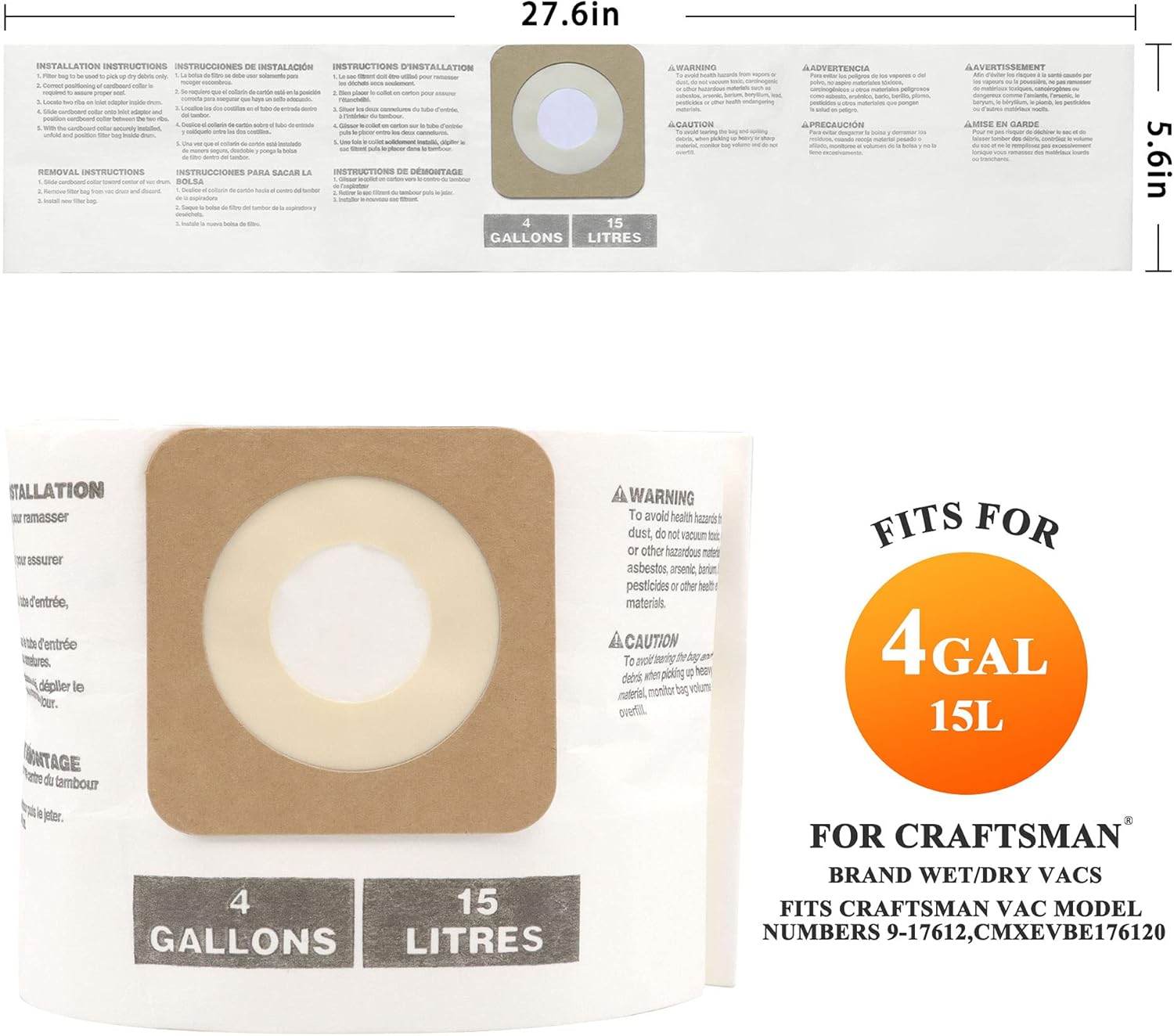 6 Pack CRAFTSMAN 4 Gallon Vacuum Bags, Compatible with Part# CMXZVBE43270 43270, Craftsman High Efficiency 4 Gallon Vac Bags, Fine Dust Bag - - 