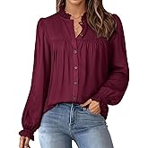 Women's Blouses Work Tops Puff Sleeve Fall Blouses Shirts Casual Button Down Elegant Dressy Shirts Wine Red XL