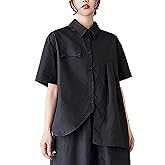 ellazhu Women's Shirt Lapel Short Sleeve Button Down Solid Color Irregular Hem Asymmetrical Cut GZ479