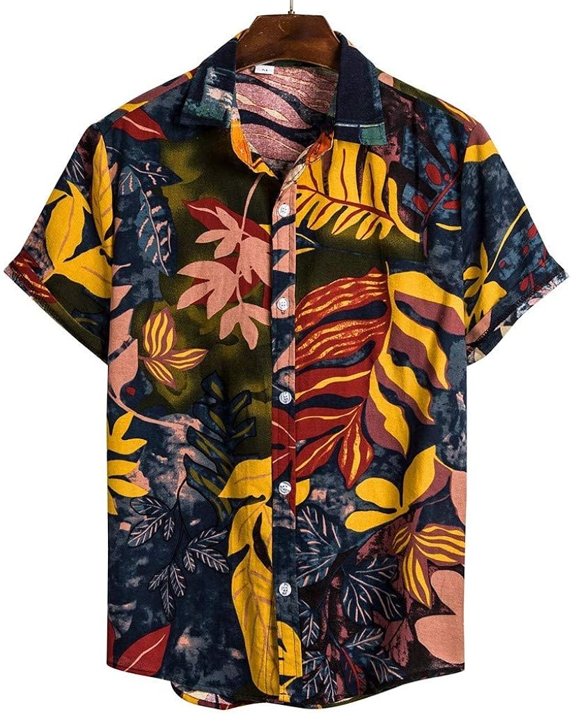 Beautyfine Men's Printed Hawaiian Shirt Cotton Linen Casual Short