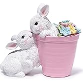 Hodao Set of 2 Easter Bunny Figurines Decor - Adorable Easter Rabbit Sculptures with Floral Accents, Spring Tabletop Decorations, 6 Inches Tall (White)