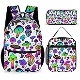 Homieblanket Mushroom Backpack with Lunch Box & Pencil Case, 16 Inch Cute Mushroom Themed Bookbag, Adjustable Lightweight Large Capacity, Colorful Mushroom Backpack Set for Kids Girls Boys School