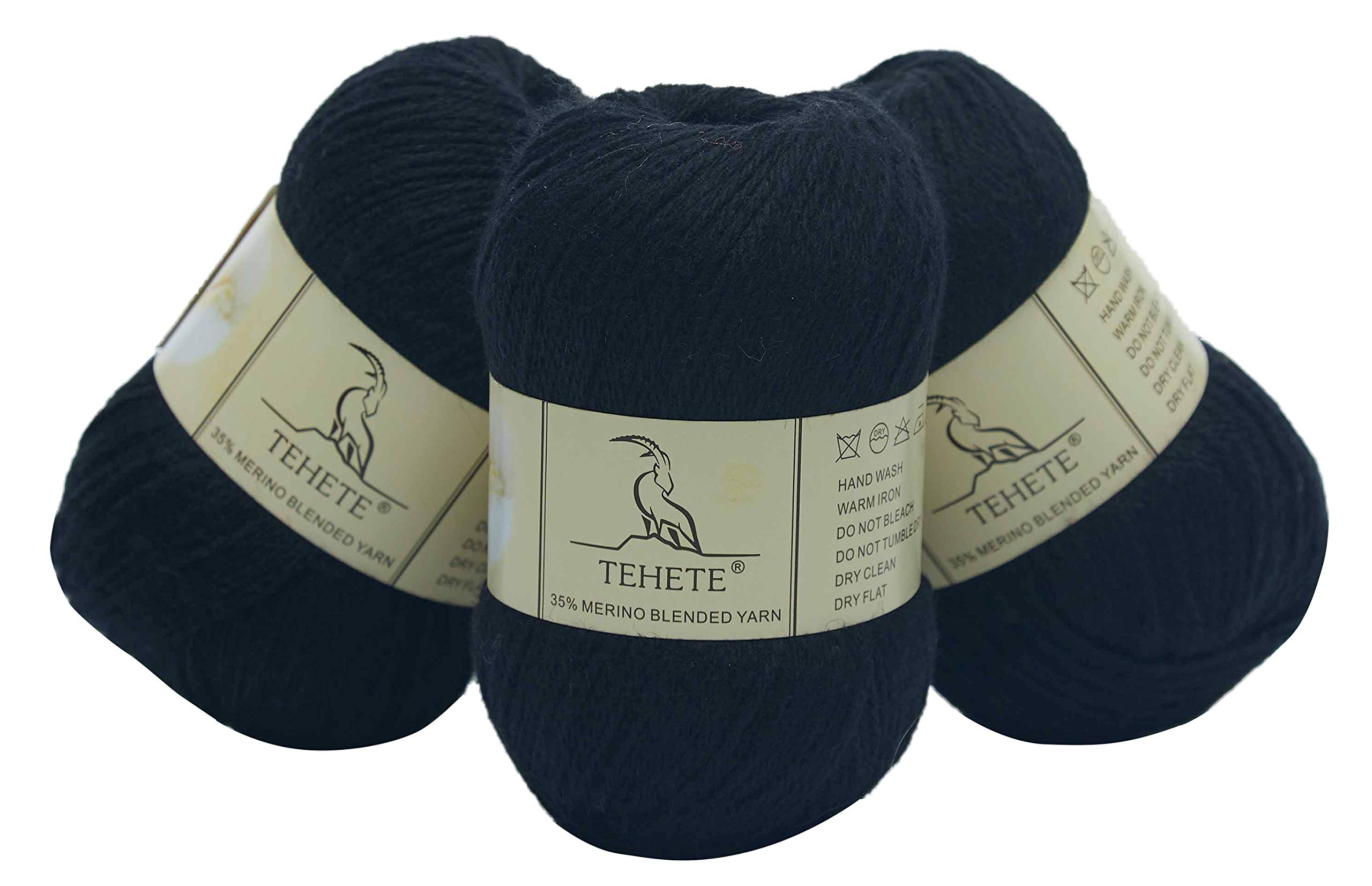 TEHETE Merino Wool Yarn for Knitting and Crochet Yarn 3ply 50g × 3 Balls soft and warm - Black