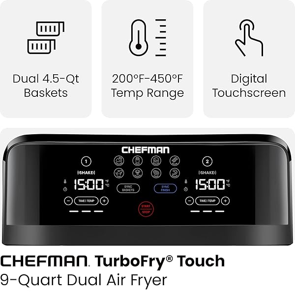 CHEFMAN TURBOFRY TOUCH DUAL AIR FRYER, MAXIMIZE THE HEALTHIEST MEALS WITH DOUBLE BASKET CAPACITY, ONE-TOUCH DIGITAL CONTROLS AND SHAKE REMINDER FOR THE PERFECT CRISPY AND LOW-CALORIE FINISH