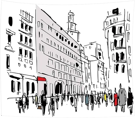 Amazon Co Jp 都市壁掛け タペストリー 建物の近代的な都市景観とにぎやかな通りの歩行者のインクイラスト 装飾品 おしゃれ 多機能壁掛け 写真 部屋 窓カーテン 店 誕生日 プレゼント 祝い 布 0ｘ150cm ホーム キッチン