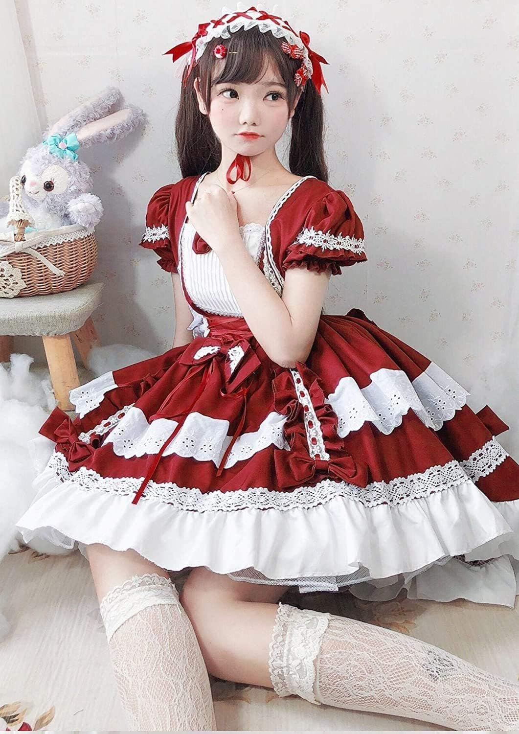 Amazon サニーステップ ゴスロリ メイド 服ドレス 赤 ワンピース ロリータ 衣装 コスプレ 長袖 ゴシック服 お嬢様 赤 L コスプレ 仮装 通販