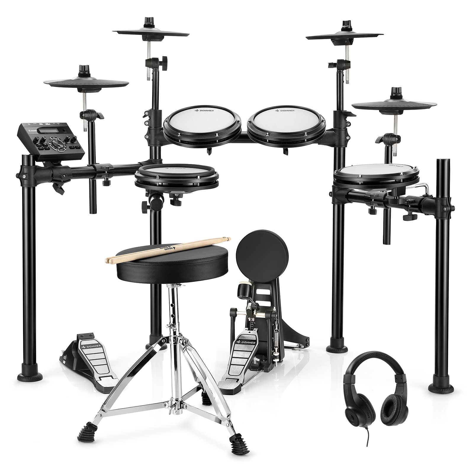 Photo 1 of Donner DED-200X Electronic Drum Set, Electric Drum Kit with Quiet Mesh Drum Pads, 2 Cymbals w/Choke, 31 Kits and 450+ Sounds, Throne, Headphones, Sticks, USB MIDI, Melodics Lessons (5 Pads, 4 Cymbals)