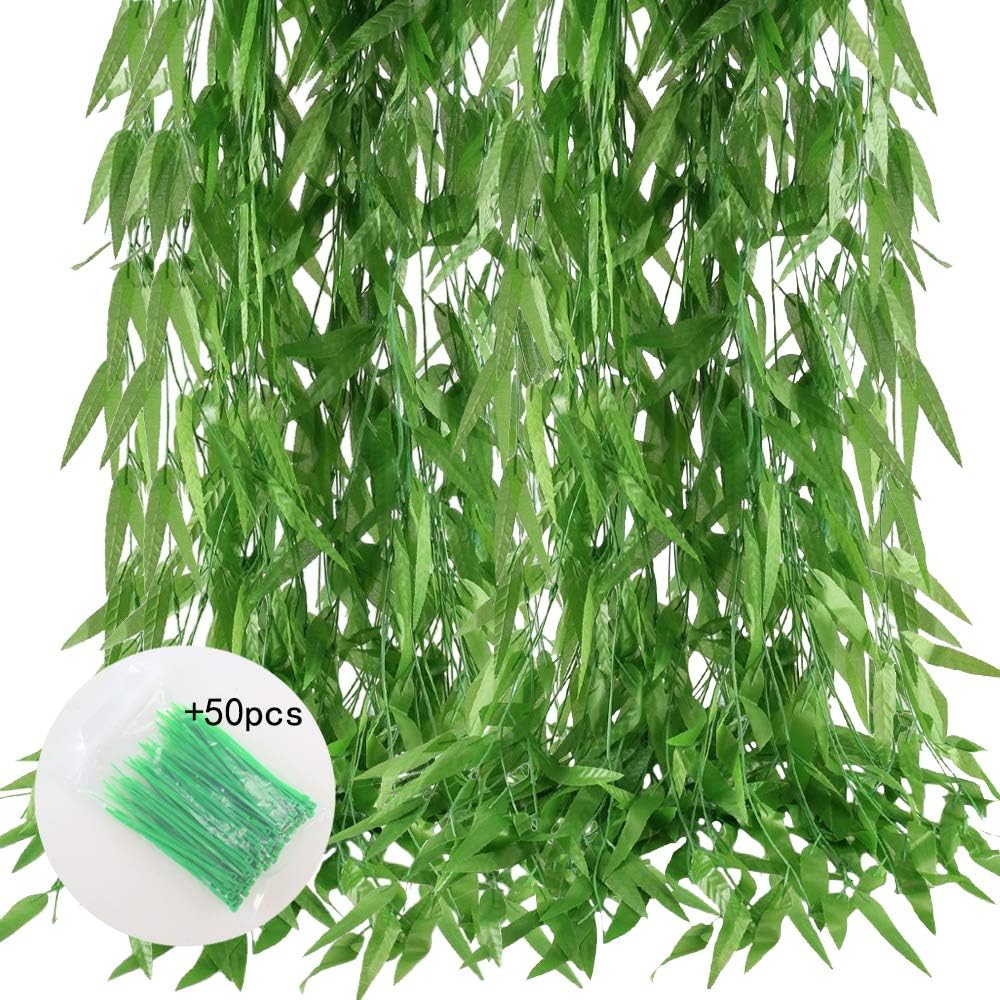 MHMJON 50 Pcs 375 Feet Artificial Vines Hanging Fake Greenery Garlands Silk Willow Leaves Wicker with 50 Green Nylon Cable Ties for Indoor Outdoor Home Kitchen Wall Fence Wedding Decoration