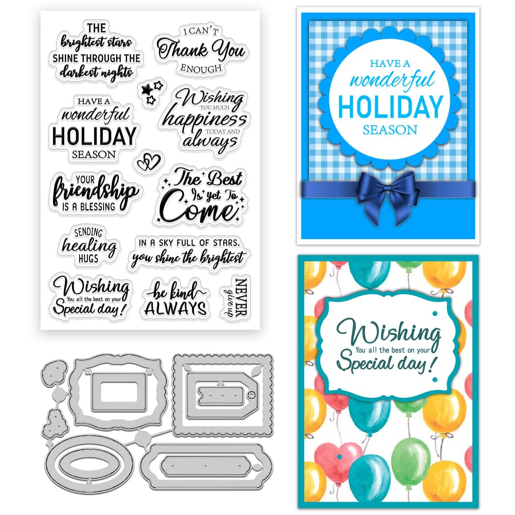 INFUNLY Clear Stamps and Cut Dies for Card Making 6.3"×4.3" - Sentiments Words Silicone Stamps for DIY Craft, Holiday, and Scrapbooking