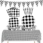 111Pcs Race Car Birthday Party Decorations,Black and White Checkered Paper Plates and Napkins Tablecloth Banner,Racing Sports Themed Tableware Set Supplies Serves 20 Guests