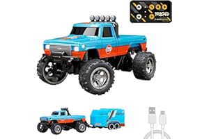 Edottbag Mini Rc Truck with Trailer, Mini Rc Monster Truck, Monster Truck Toys, 2.4Ghz All Terrain Off-Road Monster Truck, 1:64 Scale Alloy,Speed/Steering Adjustable,Remote Control Car (with Trailer)