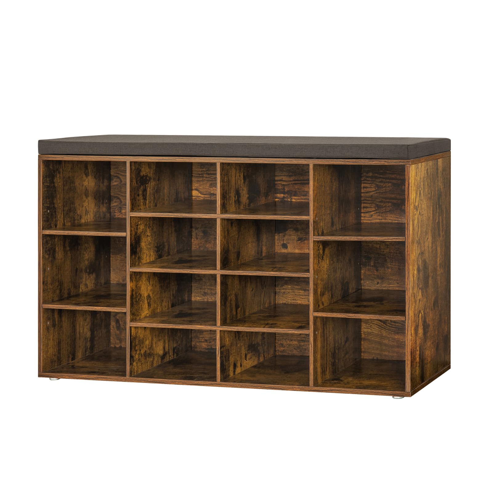 Photo 1 of DINZI LVJ Shoe Storage Bench with Cushion, 14-Cubby Shoe Rack, Adjustable Shelves, Multifunctional Shoe Organizer Bench for Entryway, Mudroom, Hallway, Living Room, Bedroom and Garage, Rustic Brown