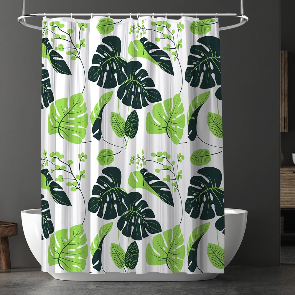 URAQT Shower Curtain Anti Mould, Waterproof PEVA Bath Curtains, Mildew Resistant Bathroom Shower Curtains with 12 Hooks, Nature Leaves Bathtub Curtains for Bathtub Shower Stall, 180 x 180 cm, Monstera