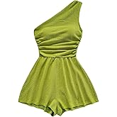 SHENHE Women's Summer One Shoulder Tank Romper Ruched Wide Leg Flowy Shorts Jumpsuit