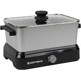 West Bend Versatility Slow Cooker Large Capacity Non-stick Cooking Vessel &amp; Variable Temperature Heating Base Includes Travel Lid and Storage Bag, Range and Oven-Safe Cooking Pot, 5-Quart, Silver