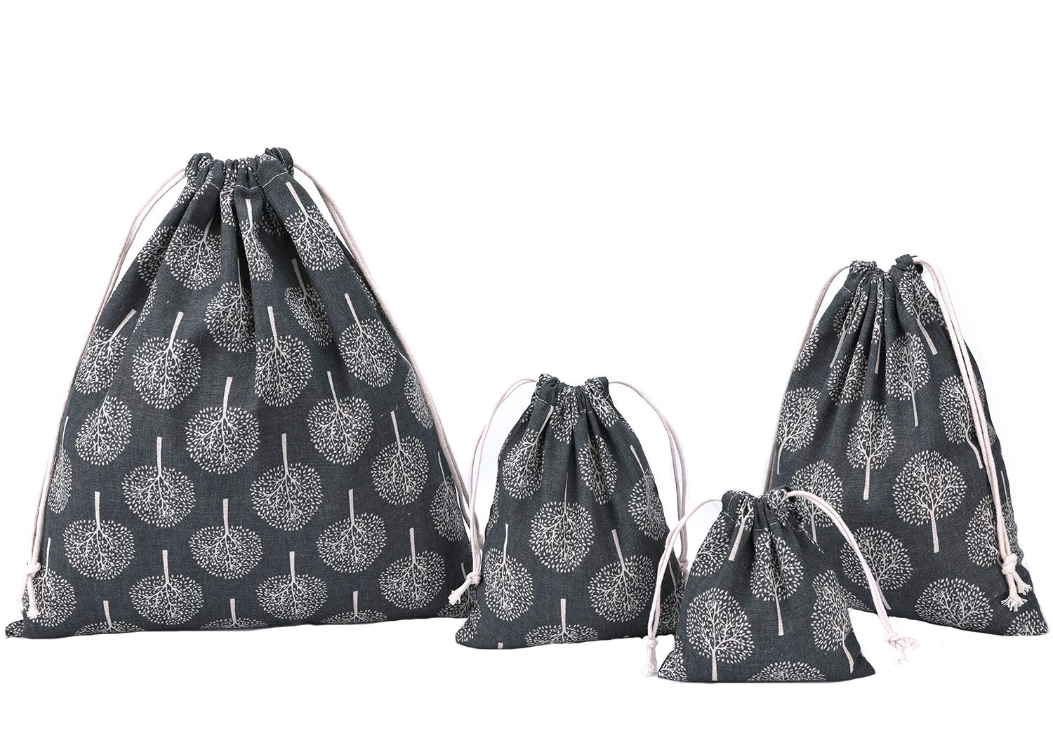Amoyie 4 pcs Drawstring Storage Bag Set for Baby Stuff, Travel Home Accessories - Grey Tree