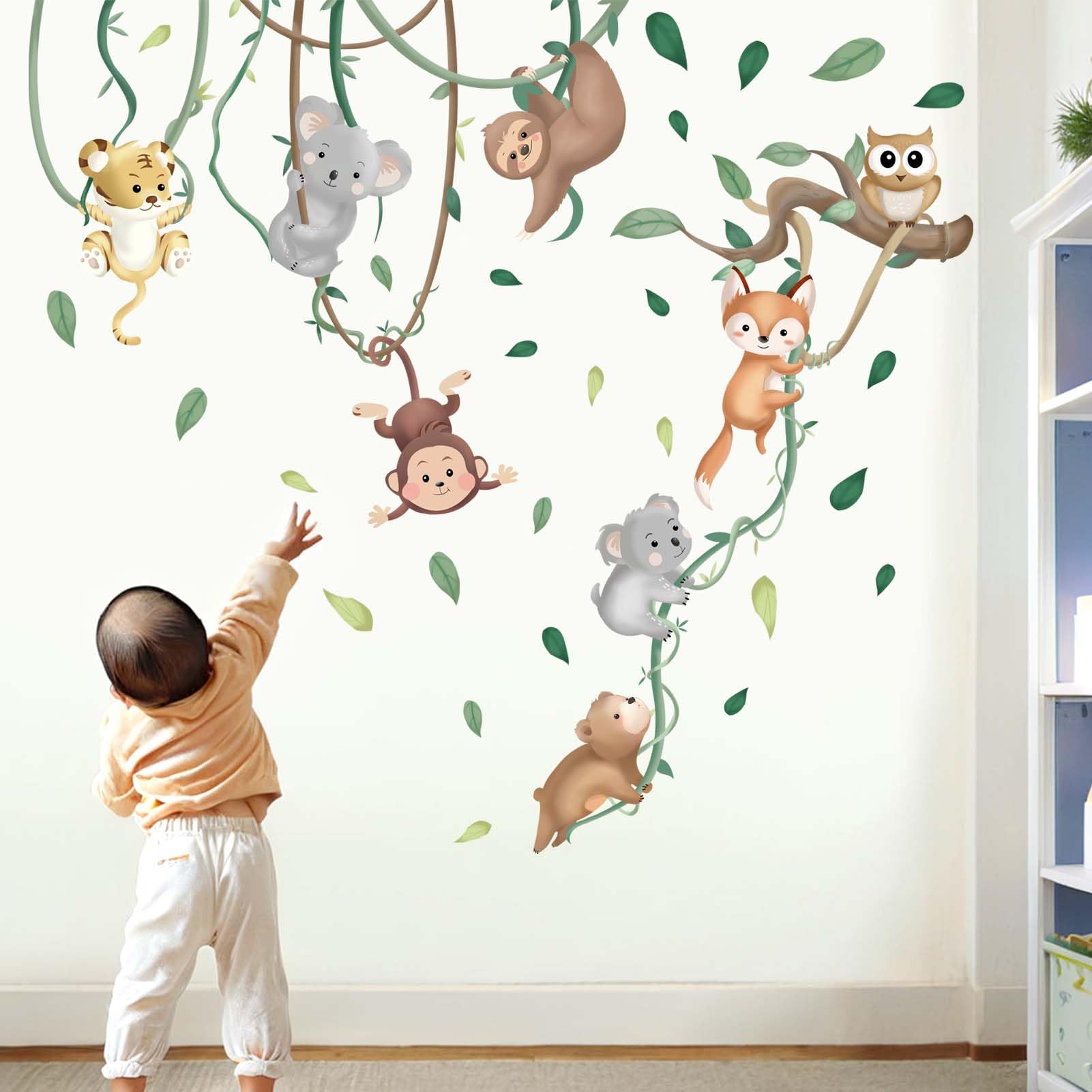 Photo 1 of Baby Animals Wall Stickers for Nursery: Kids Boys Bedroom Classroom Daycare Wall Decals - Jungle Animals Climbing Tree Fox Giraffe Monkey Sloth Koala