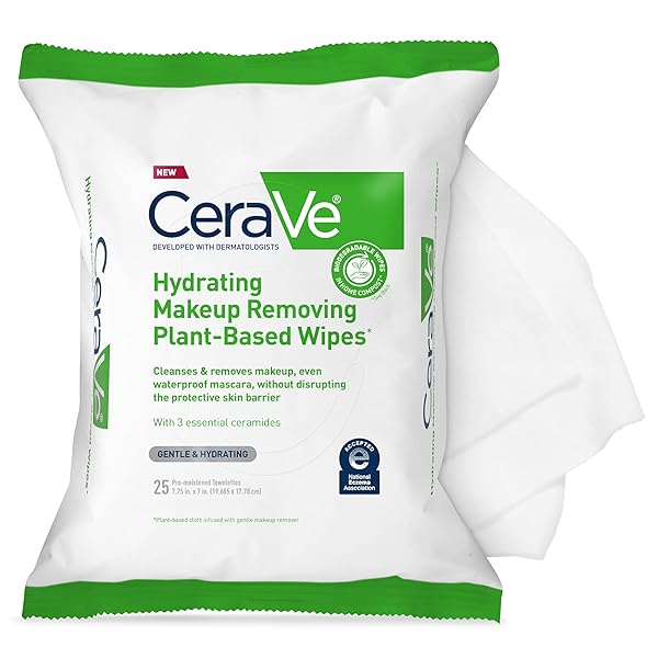 CERAVE MAKEUP REMOVER WIPES, PLANT BASED FACE WIPES, BIODEGRADABLE IN COMPOST, WATERLESS FACE WASH, TRAVEL ESSENTIALS FOR WOMEN, SUITABLE FOR SENSITIVE SKIN, FRAGRANCE-FREE + NON-COMEDOGENIC, 25CT