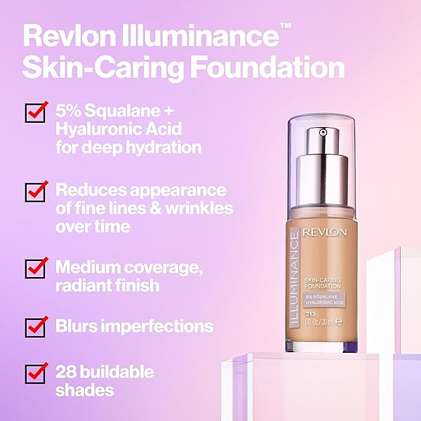 REVLON ILLUMINANCE SKIN-CARING LIQUID FOUNDATION, HYALURONIC ACID, HYDRATING AND NOURISHING FORMULA WITH MEDIUM COVERAGE, 213 LIGHT NATURAL, 1 FL OZ