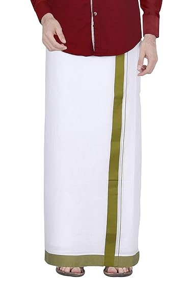 Men's Cotton Dhoti (White with Green color border, 3.6 Meter, Free Size)