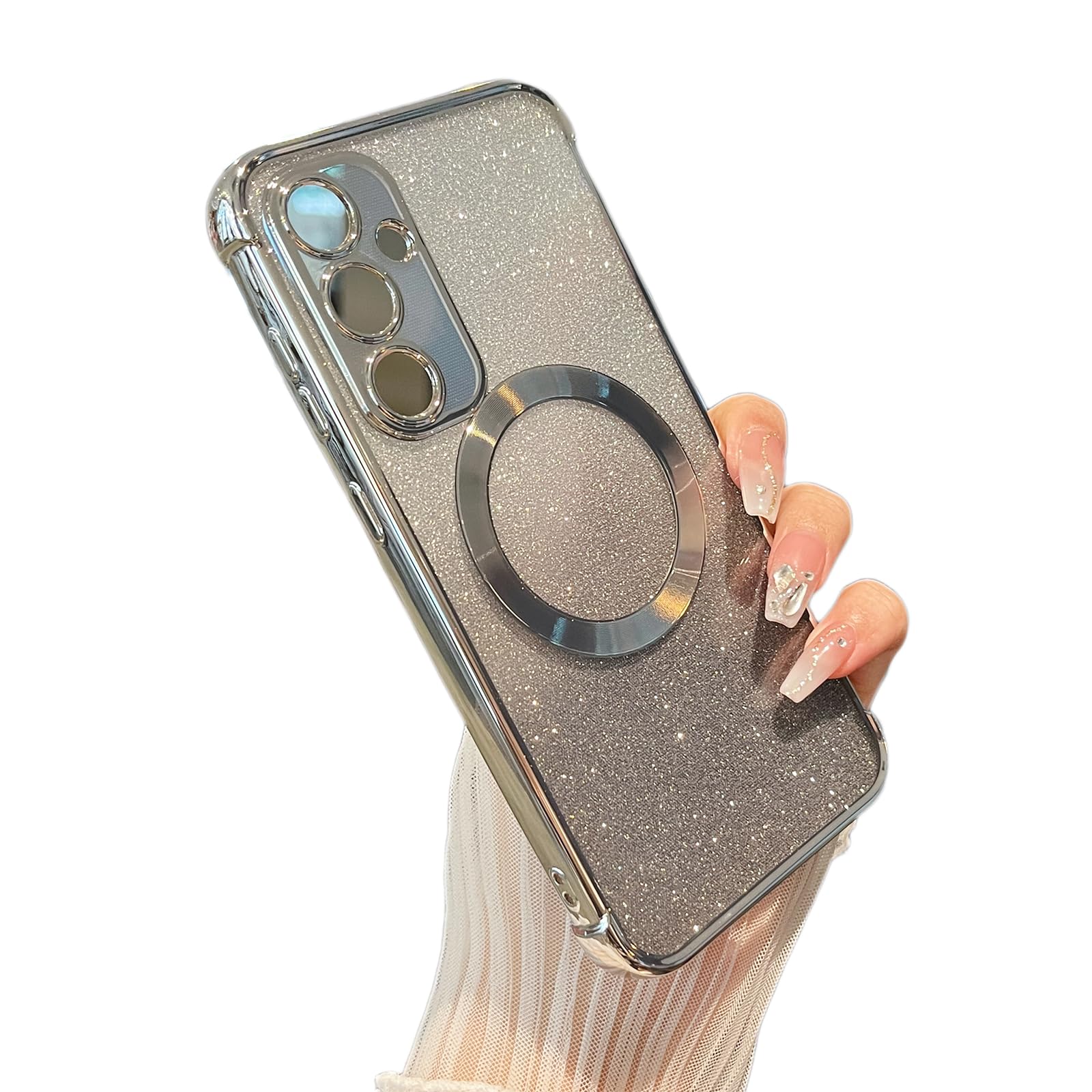 ZTOFERA Clear Magnetic Case for Samsung Galaxy S24 5G with Gradient Glitter Peice(2 in 1), Luxury Plating Cute Transparent Bling Sparke Case for Women Girls,Shockproof TPU Protector Cover-Silver