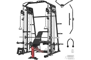 Mikolo Smith Machine Home Gym, 2200lbs Squat Rack with LAT-Pull Down System & Cable Crossover Machine, Training Equipment with Adjustable Weight Bench