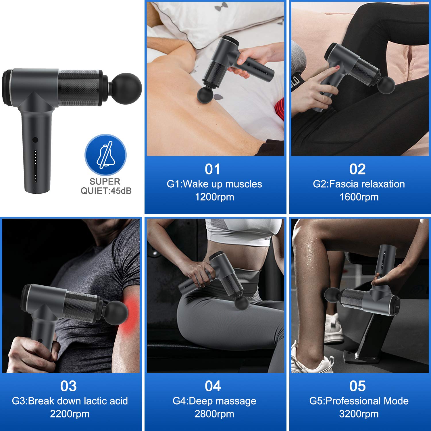 ChampionGun Super Quiet Massage Gun Deep Tissue Percussion Muscle Massager for Pain Relief, Handheld Vibration Cordless Body Massage Device with 6 Massage Heads & Portable Case (Black)