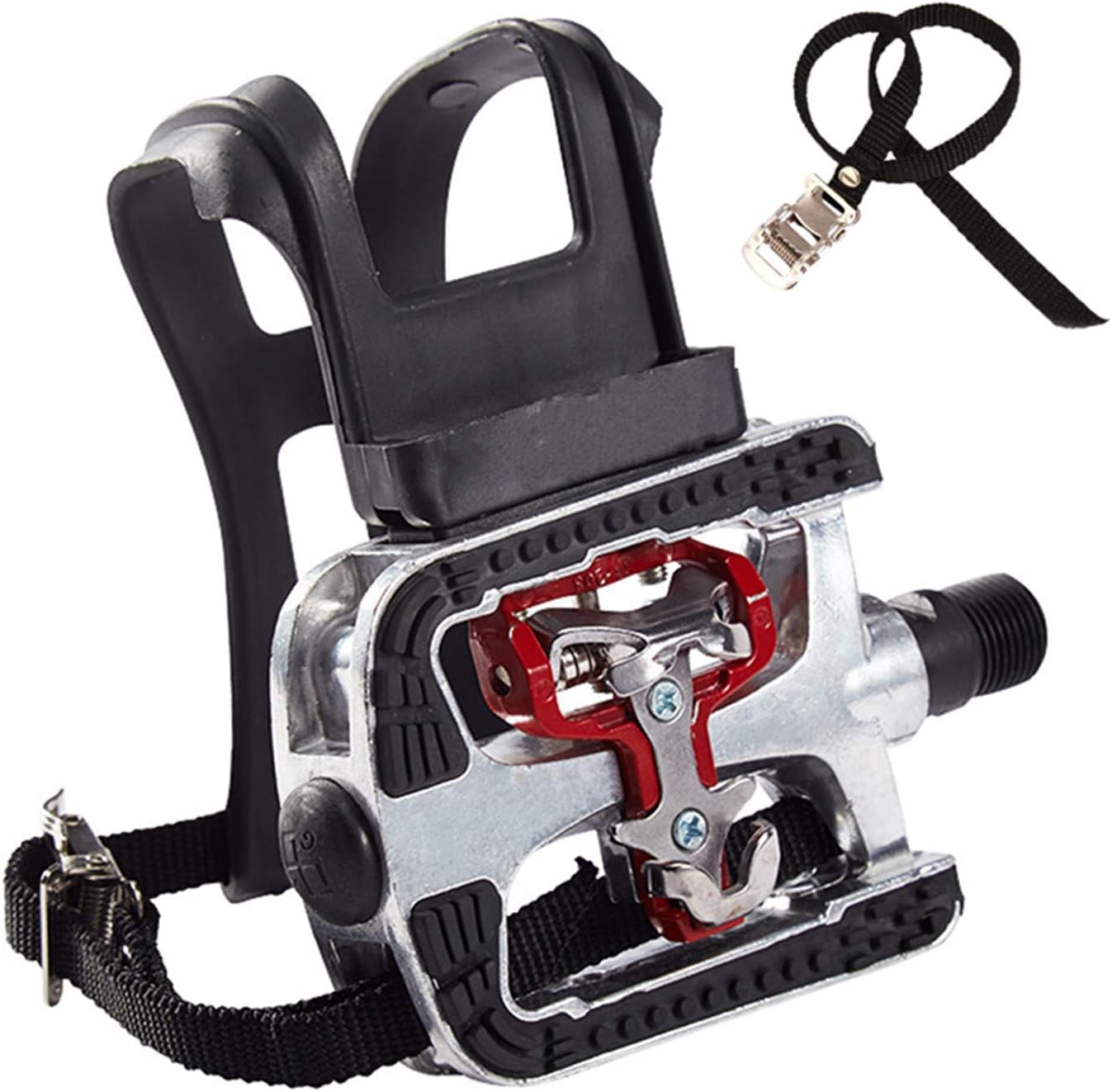 NAMUCUO SPD Pedals - Hybrid SPD Pedal with Toe Clip and Straps. for Spin Bike, Indoor Exercise Bike and All Indoor Bikes with 9/16" axles. 6 Month Warranty.