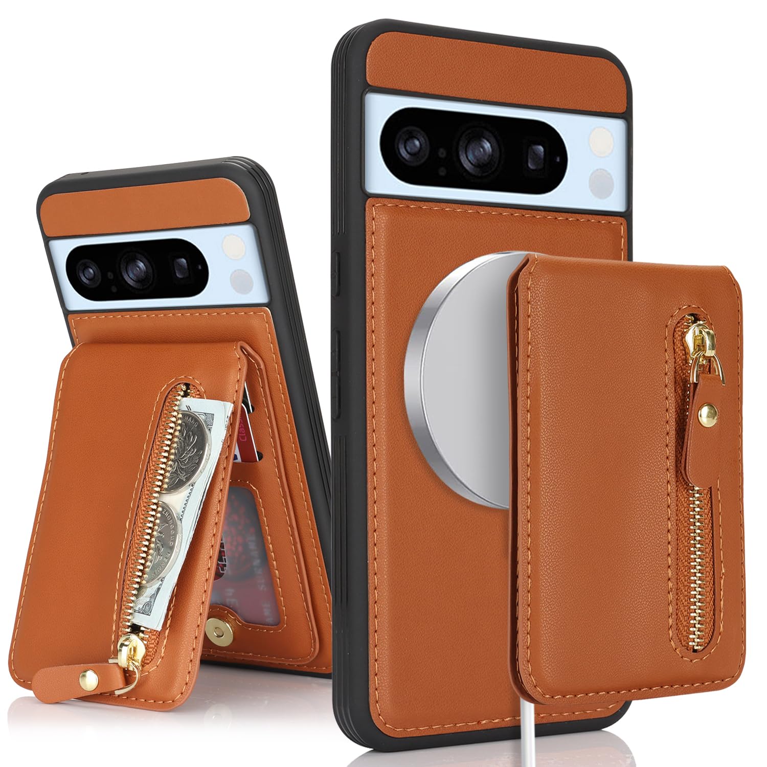 SailorTech Google Pixel 8 Pro Phone Case with credit card Holder, Google Pixel 8 Pro Case with Kickstand credit card Slots Wallet Detachable 2-in-1 Zipper Case - Brown