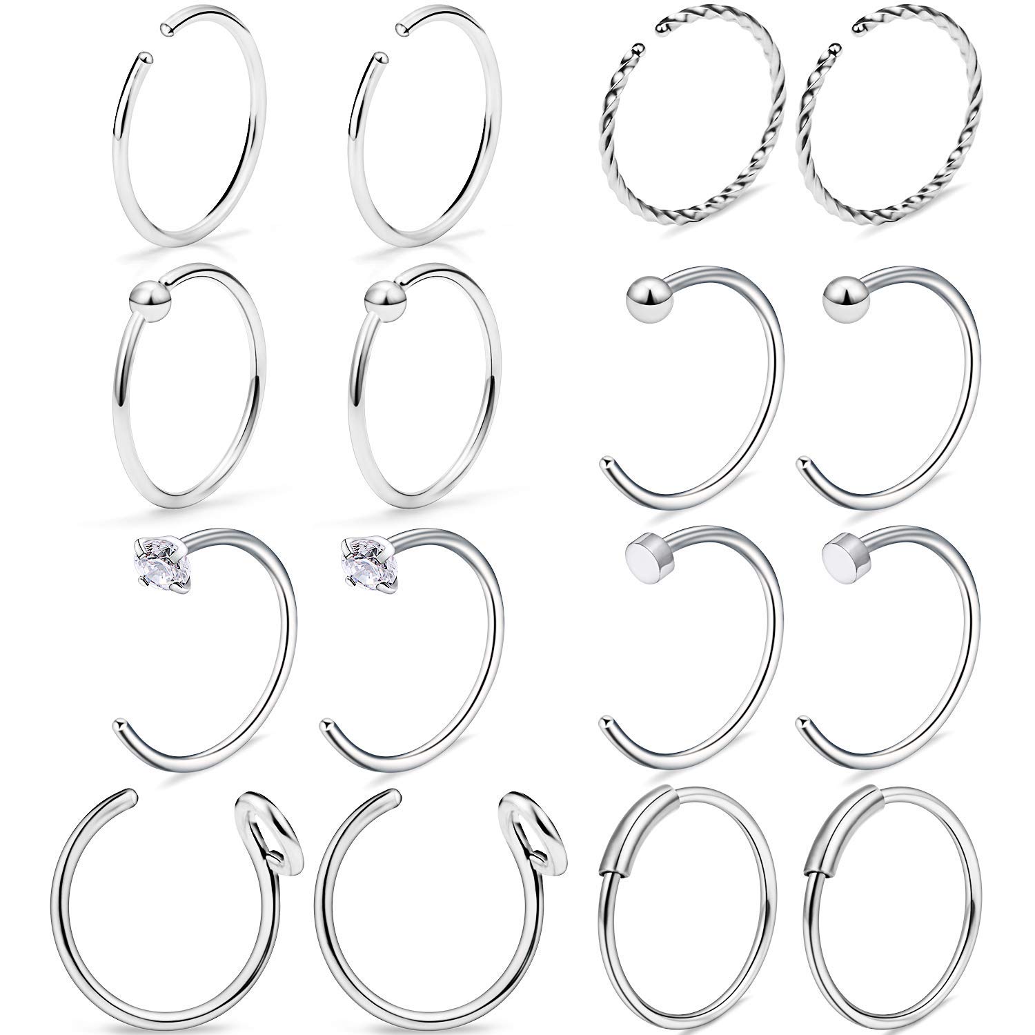Mayhoop 16Pcs 20G Surgical Steel Silver Nose Rings Hoop Tragus Cartilage Helix Ring Lip Piercing Jewelry for Women Men 8MM