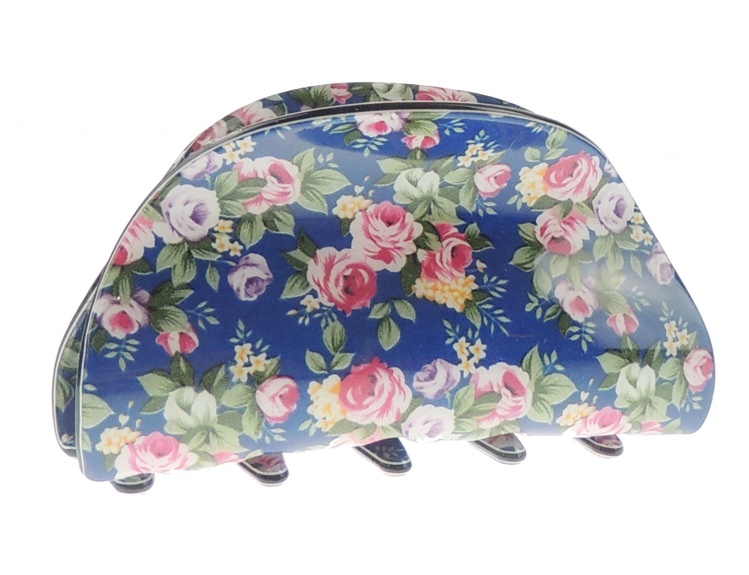 Ladies Floral English Garden Print 8cm Hair Claw Clamp Clip Oval Blue