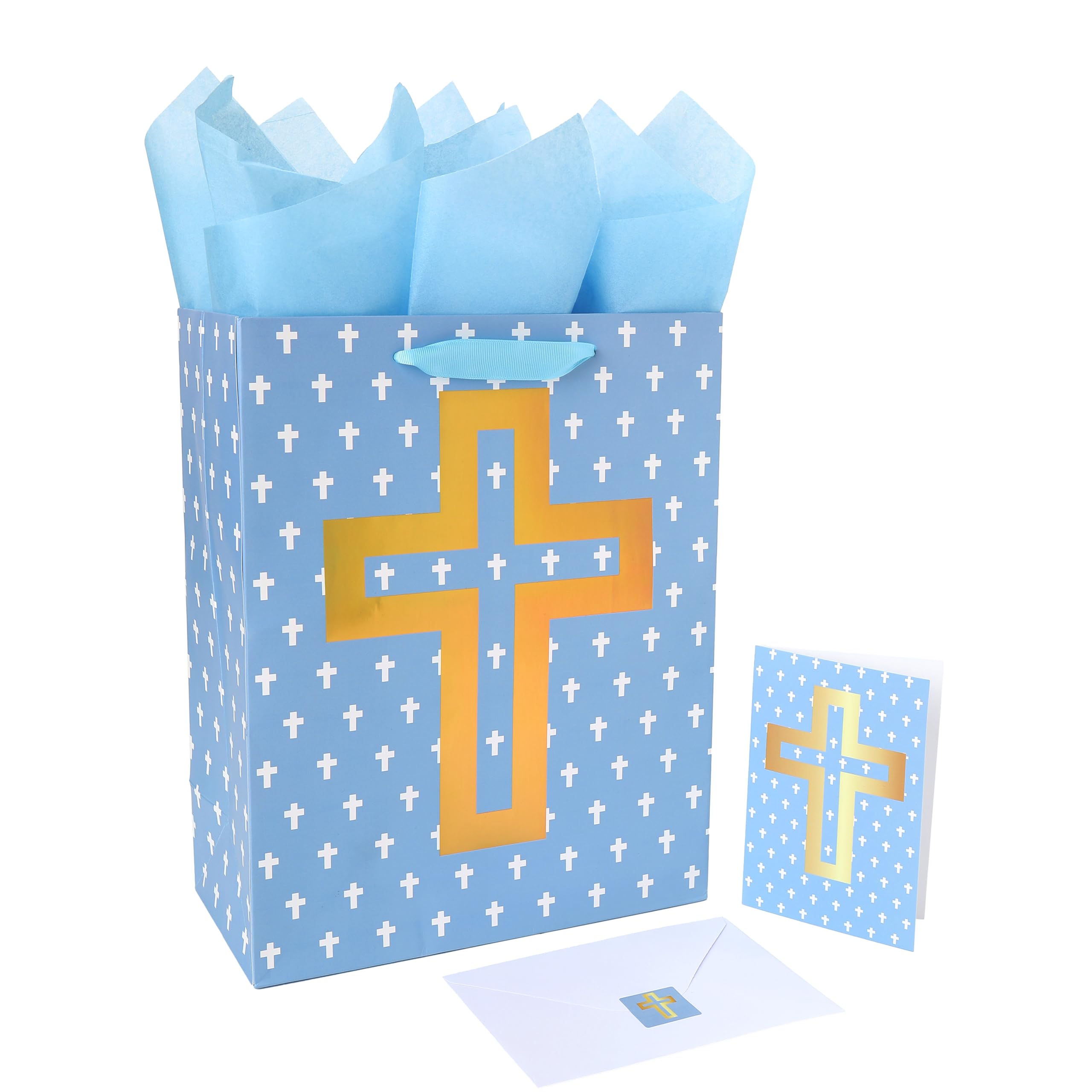 Photo 1 of 13" Large Blue Gift Bag Set with Greeting Card and Tissue Papers (Foil Cross Design), Tissue Paper for First Communions, Halloween, Christmas, Baby Boy Baptisms, Christenings, Religious