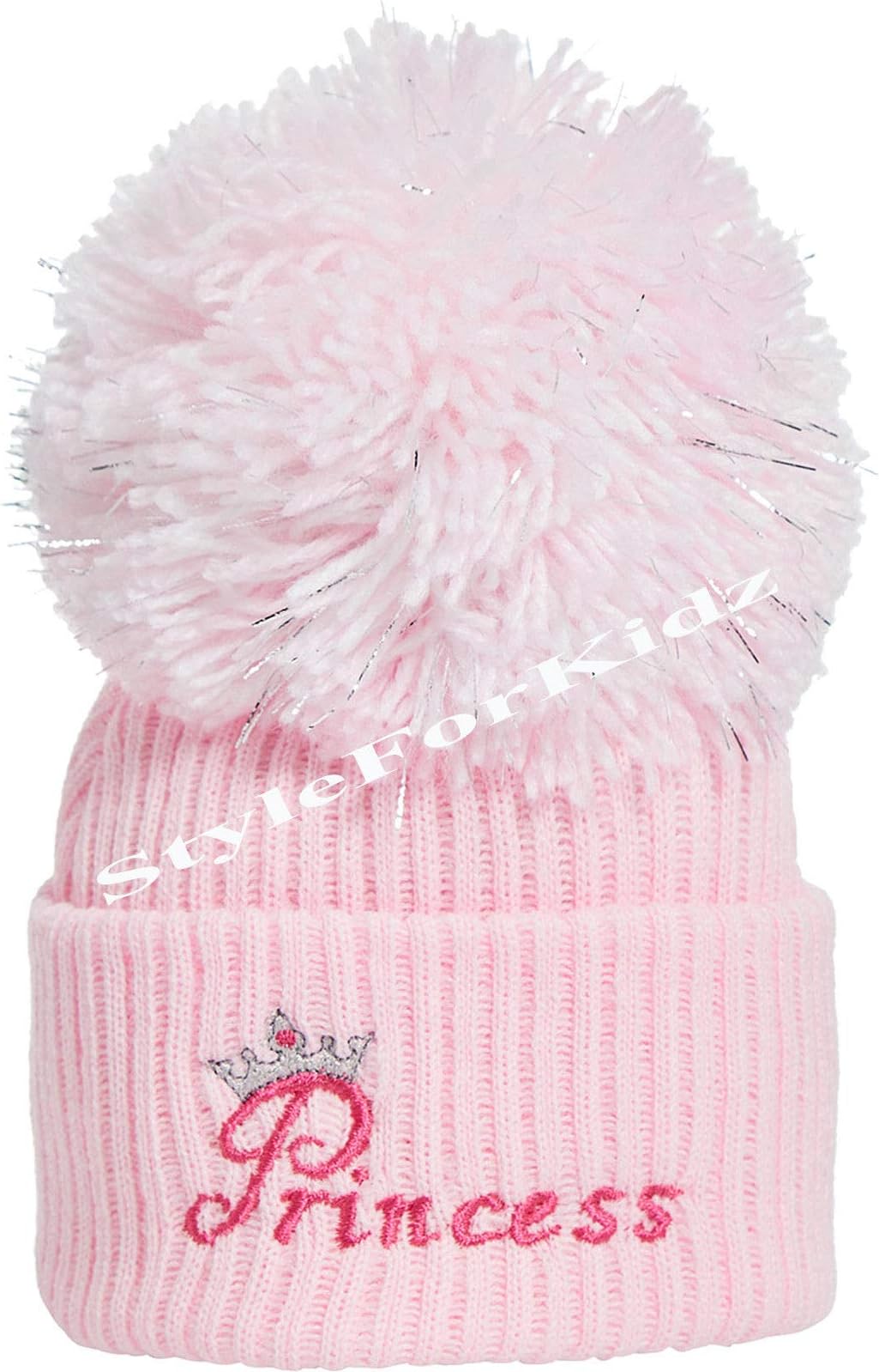 Luxury British Made Baby Girl Full Pink White/Pink Princess Silver Pom Cute Decorative Frilly Knitted Pom Pom Newborn Baby Hats (Full Pink Princess (Small))