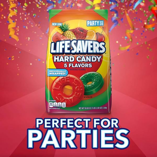 LIFE SAVERS HARD CANDY BAG 5 FLAVORS, HARD CANDY INDIVIDUALLY WRAPPED FOR GOODIE BAGS, ROAD TRIPS, TREATS, OFFICES, CELEBRATIONS, 3.125 LB PARTY SIZE