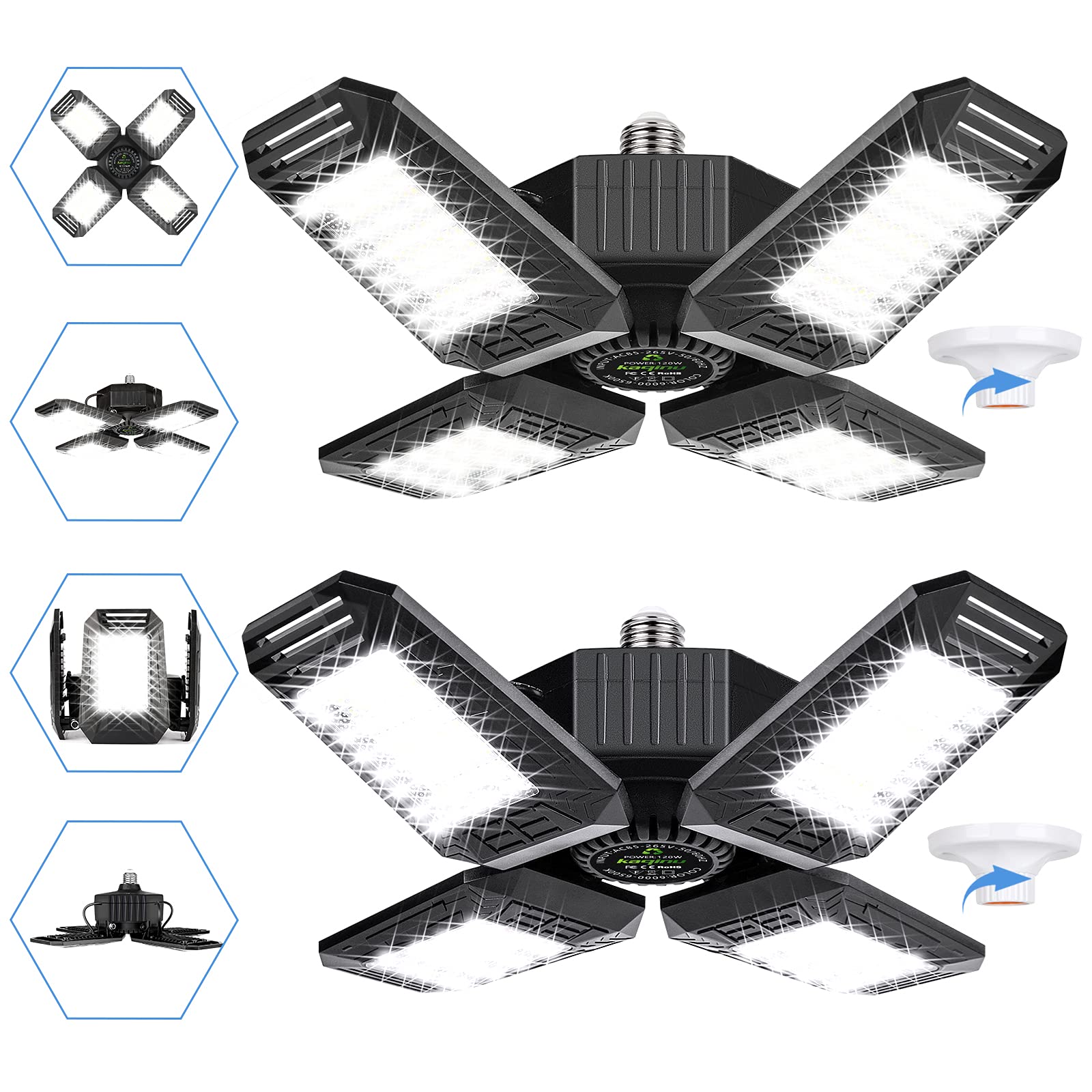 2 Pack LED Garage Lights, Kaqinu 4 Panels 100W Adjustable Ceiling Garage Light with E26/E27 Screw Base 12000LM-6500K Deformable Lighting for Garage Barn Workshop Warehouse Residential High Bay Light
