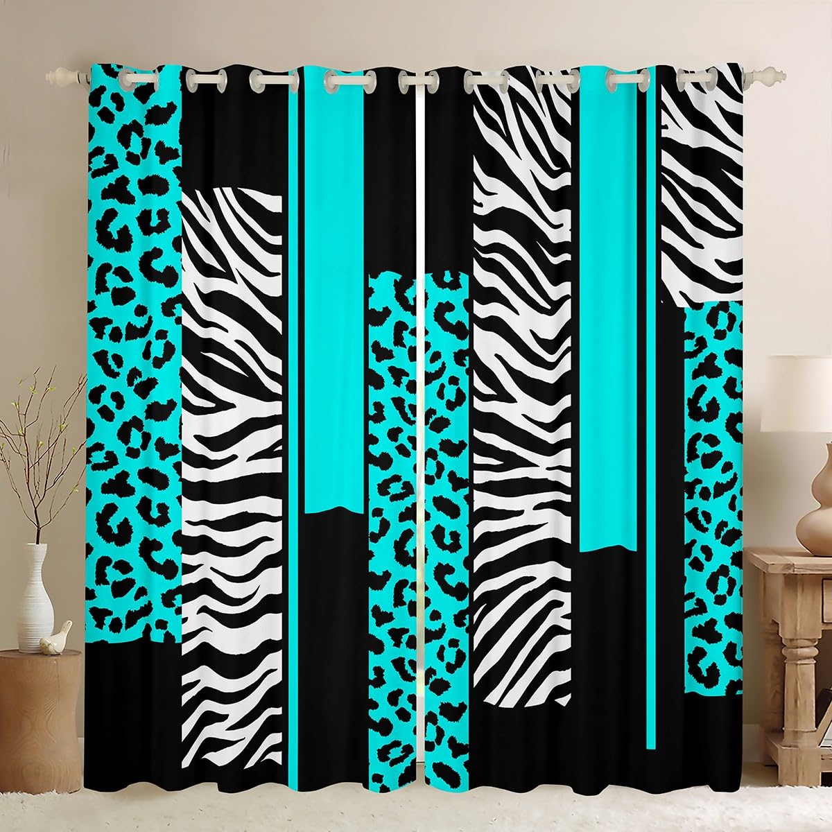 Homemissing Leopard Zebra Curtains for Bedroom Living Room Kids Cheetah Teal White Black Blackout Curtains(30%-50%) Animal Print Window Dreapes Safari Window Treatments W52*L63