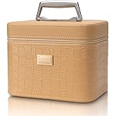Sluxa Fashion makeup box, Portable leather hard cosmetic case with mirror, Professional train case make up box for women adults. (Beige)