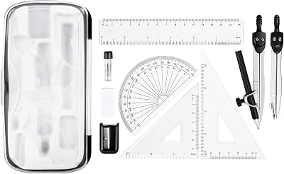 10-teiliges Mathematik-Set, mit Zirkel, Bleistift, Radiergummi, Spitzer, Winkelmesser, Geodreiecken, Lineal und Aufbewahrungsetui