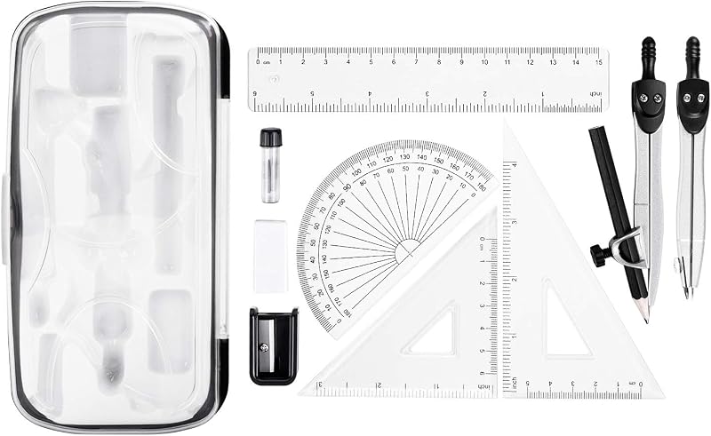 10-teiliges Mathematik-Set, mit Zirkel, Bleistift, Radiergummi, Spitzer, Winkelmesser, Geodreiecken, Lineal und Aufbewahrungsetui
