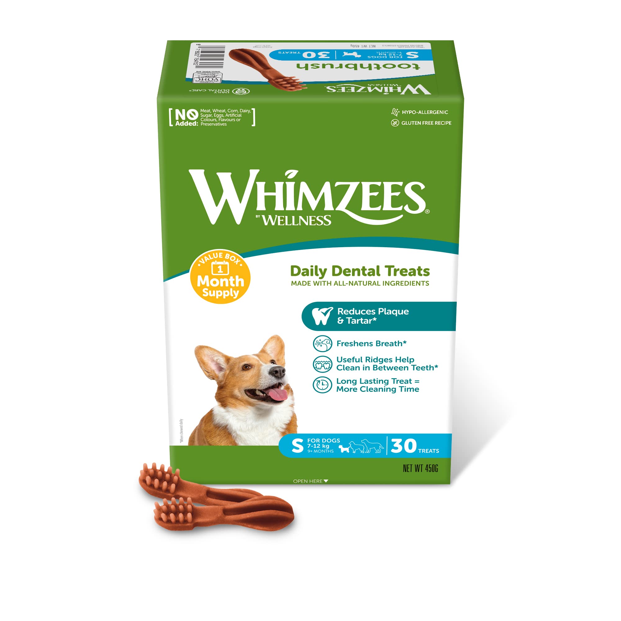 WHIMZEES Toothbrush S, Month Box, 30 Pieces – Dog Dental Stix, Size S, Dog Dental Sticks for Small Breeds, Natural and Grain Free, Rawhide-Free, Vegetarian, No Added Sugar