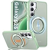 Oneagle 360° Spin Magnetic Stand for Samsung Galaxy S25 Case Translucent [Fit for Magsafe], Matte Hard Back Slim S25 Phone Case 6.2" with [Rotatable Kickstand Ring] [15FT Mil-Grade Shockproof]-Green