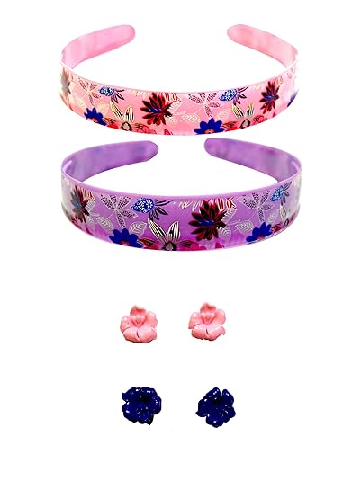 Adr Combo Of Baby Pink Purple Hair Band With 2 Pair Flower