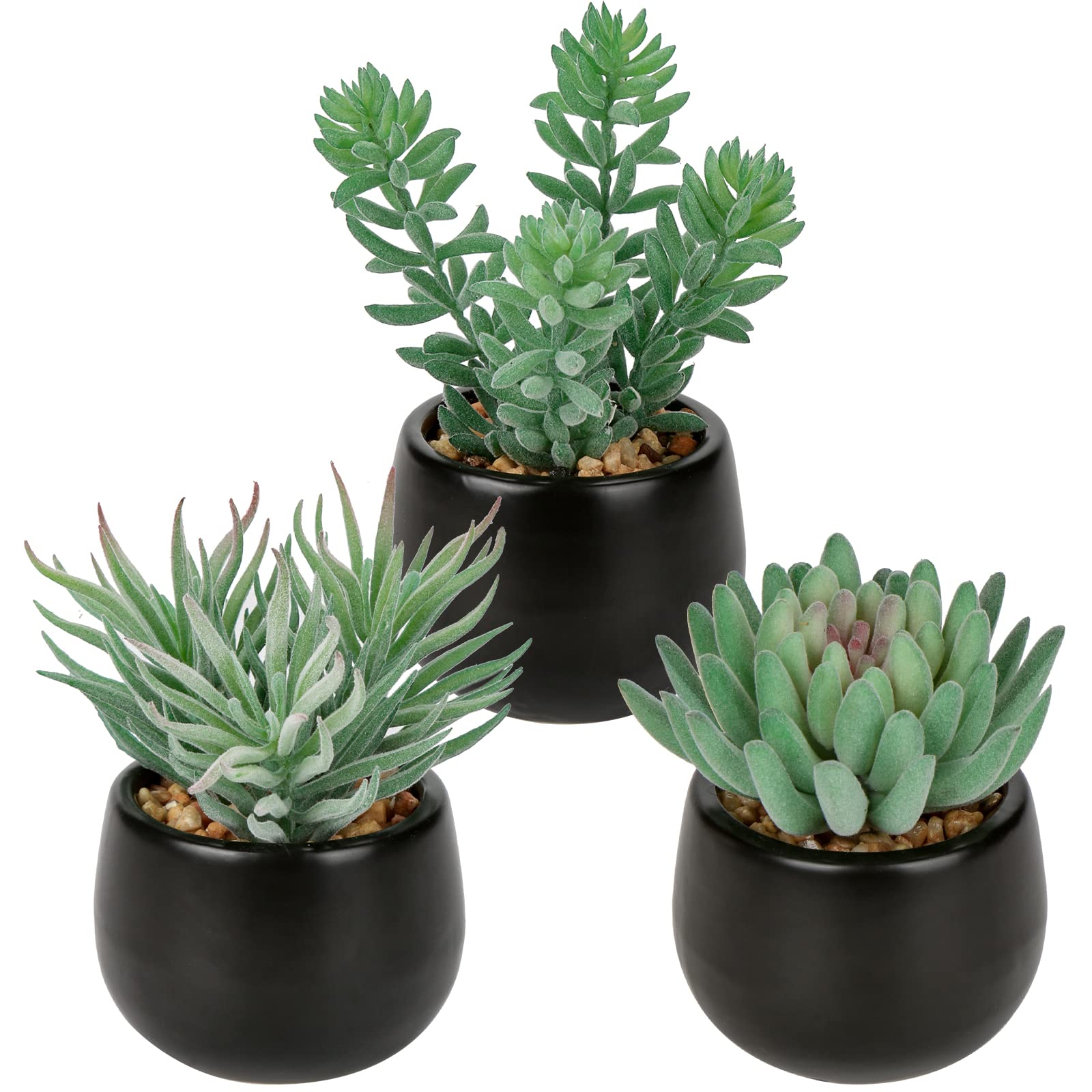 Hollyone 3 pcs Fake Succulent Plants Artificial Succulents in Black Ceramic Pots, Faux Flocking Succulents for Room Home Bathroom Bedroom Office Kitchen Living Room Desk Decoration