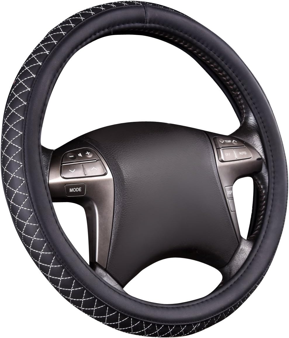 HORSE KINGDOM Genuine Leather Universal Steering Wheel Cover Breathable Fit Car Truck SUV Air-mesh Non-Slip Line (Black with White)