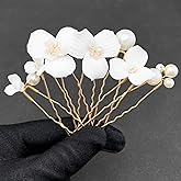 PRETTYLIFE White Flower Hair Pins for Wedding 7PCS Elegant Bridal Ceramic Flower Pearl Hair Pieces Accessories for Women